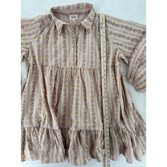 BiBi Floral Shirt Dress Long Puff Sleeve Ruffle Smock Beige Tan M Cottagecore L - Picture 8 of 8